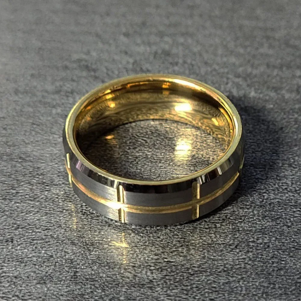 Men's Real Tungsten Promise Ring Brushed Steel 14k Gold Grooves - Guy's Ring
